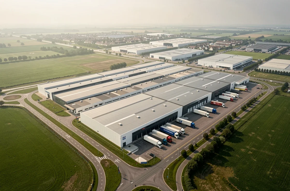 Vue aérienne d'un parc logistique avec plusieurs entrepôts et quais de chargement, camions et routes d'accès, représentant l'immobilier logistique dans lequel investissent les SCPI
