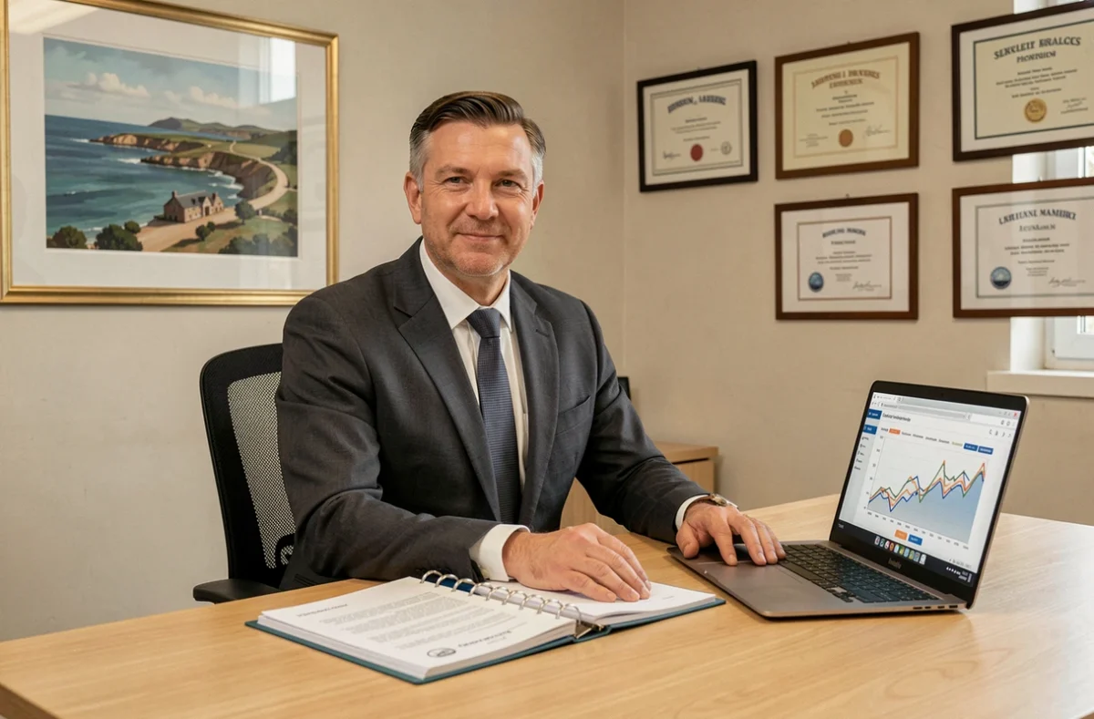 Conseiller patrimonial de Patrimonial Conseil examinant un plan d'investissement dans son bureau indépendant