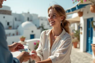 Femme payant en euros dans une taverne grecque à Santorin avec architecture cycladique en arrière-plan