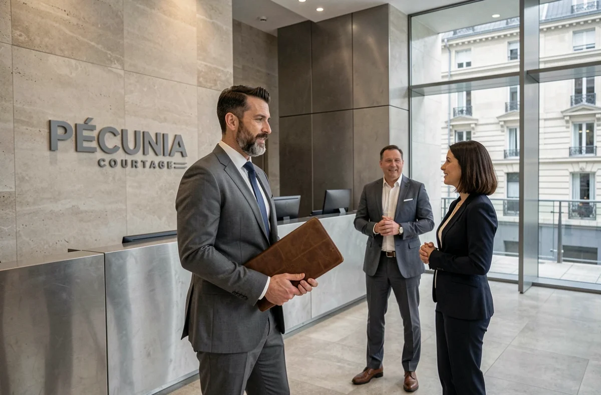 Un courtier de Pécunia Courtage tient un portfolio en cuir et s'adresse à un couple dans un hall de réception contemporain avec logo en pierre et façade vitrée parisienne.