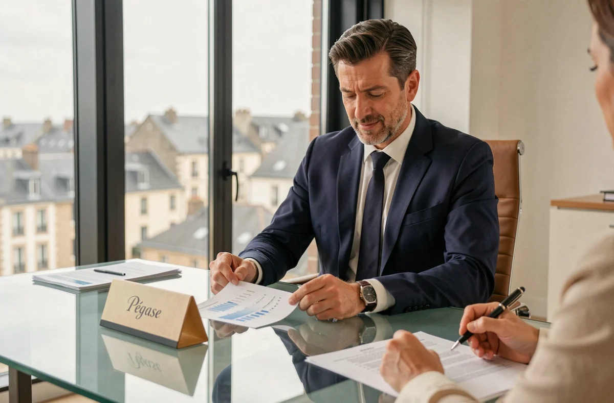 Conseiller financier de Pégase Gestion Privée en consultation patrimoniale dans un bureau moderne