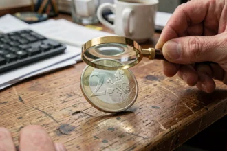 Pièce de 2 euros Jeux Olympiques 2026 examinée à la loupe par un collectionneur sur un bureau en bois