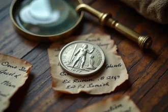 Pièce de 50 Francs 1977 en argent posée sur une table en bois avec des étiquettes de prix manuscrites et une loupe, erreurs de vendeurs particuliers