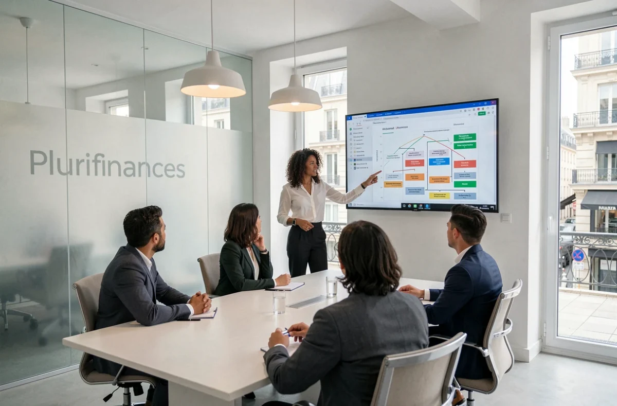 Une conseillère de Plurifinances présente un plan de financement immobilier sur un grand écran mural à des clients réunis dans une salle de conférence moderne.