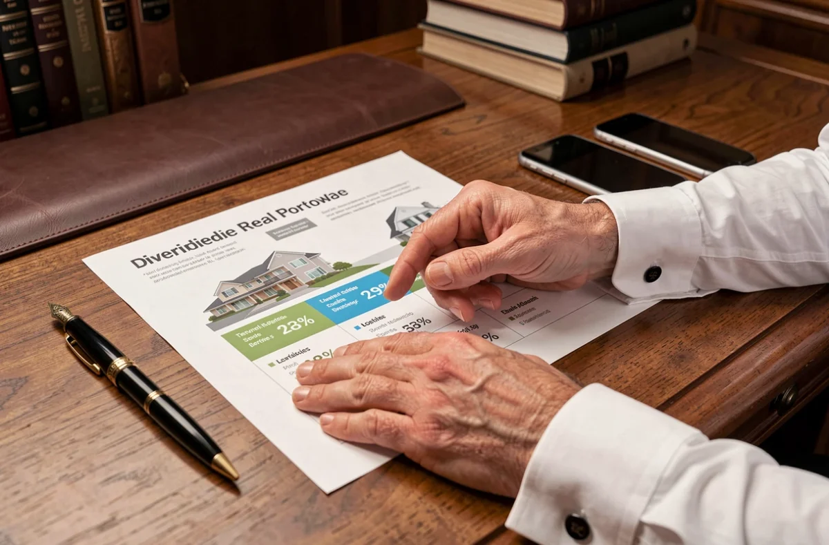 Gros plan de mains pointant un graphique de portefeuille immobilier SCPI sur un bureau en chêne avec stylo et smartphone