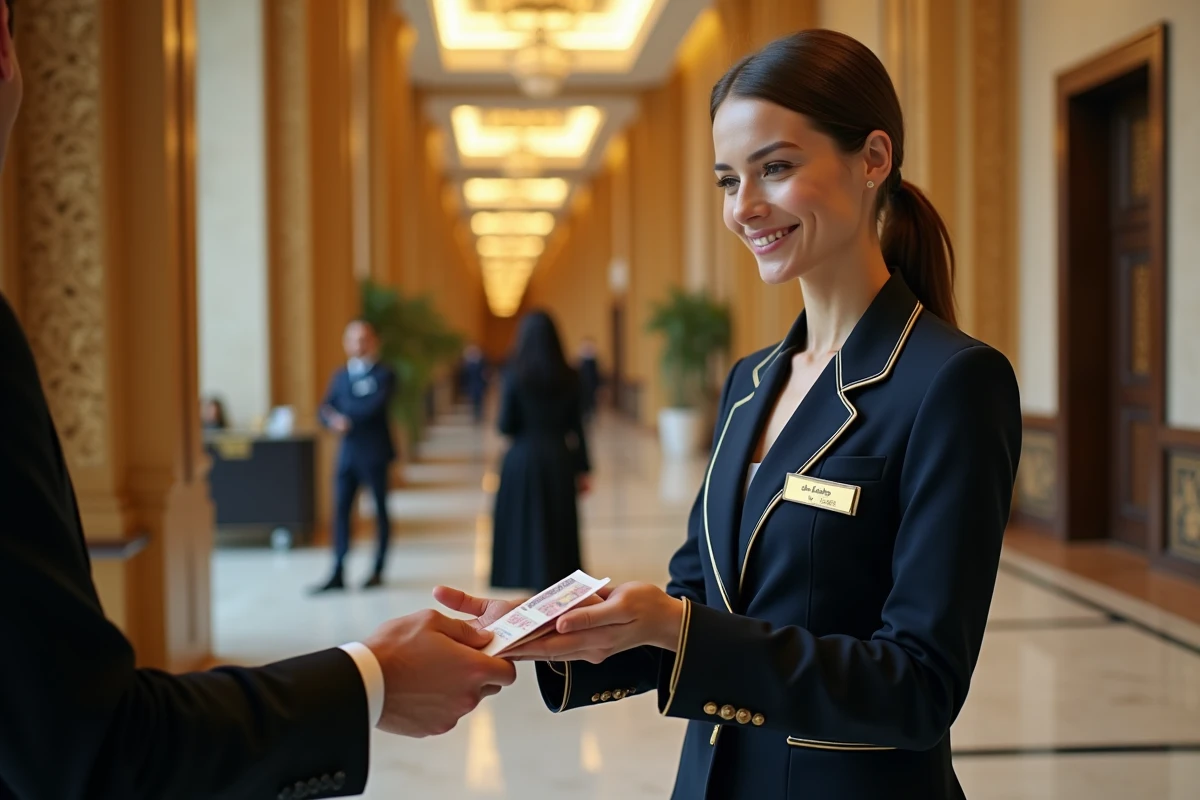 Employée d'hôtel de luxe recevant un pourboire en dirhams dans le hall d'un grand hôtel de Dubaï