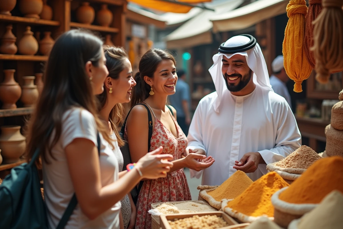 Touristes donnant un pourboire à un vendeur dans un souk traditionnel de Dubaï entre épices et bijoux en or