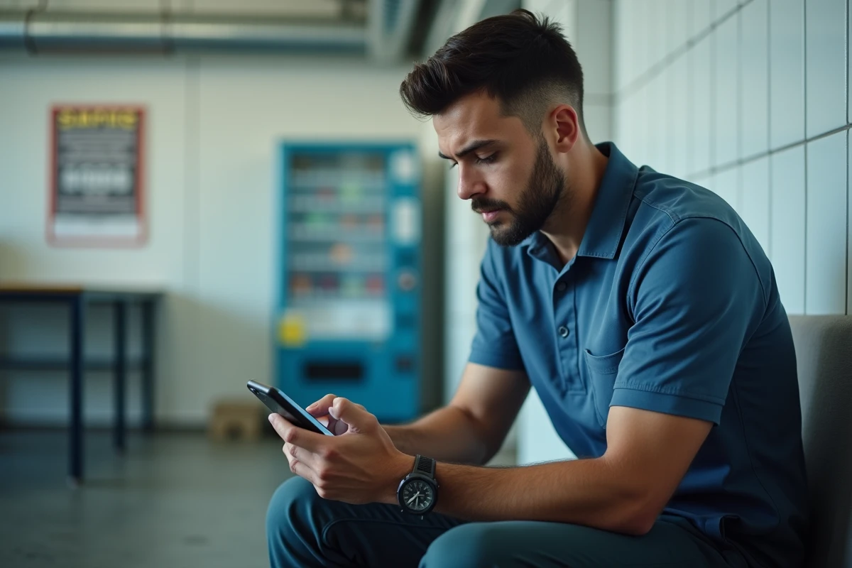 Ouvrier consultant une notification de prime partage de valeur sur son smartphone en salle de pause
