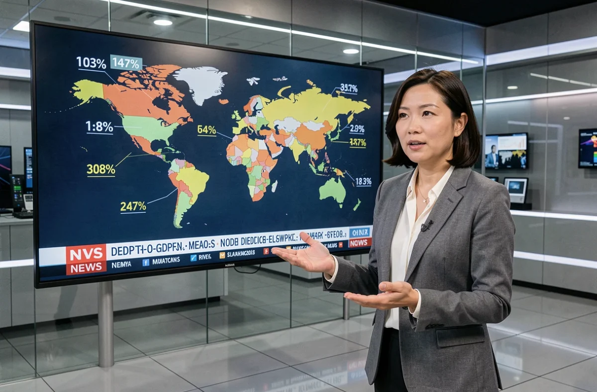 Présentatrice financière expliquant les ratios de dette par pays sur un écran mondial interactif