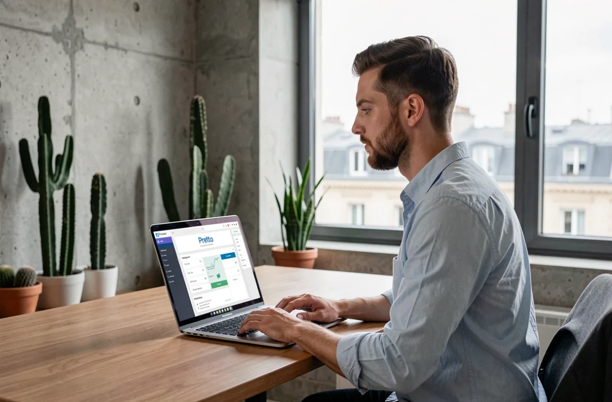 Un jeune conseiller de Pretto utilise une interface numérique de simulation de prêt immobilier dans un espace de travail moderne au style startup parisien.
