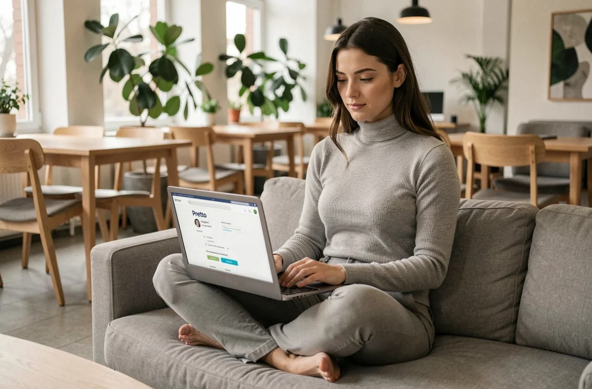 Utilisatrice de la plateforme Pretto consultant des offres de rachat de crédit en ligne dans un espace de coworking