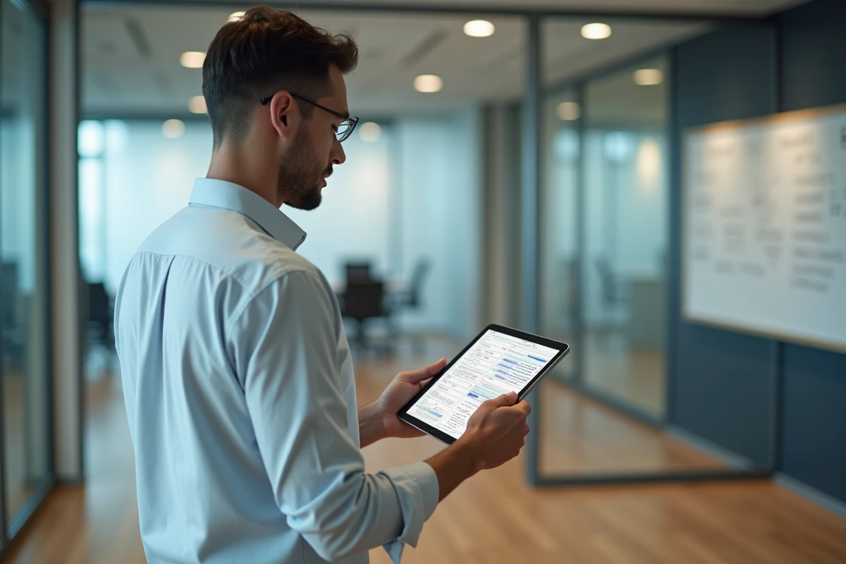 Responsable RH consultant un tableau de primes sur tablette dans un bureau d'entreprise en 2026