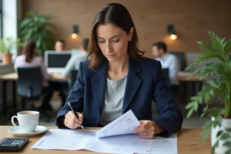 Employée de bureau consultant des fiches de paie liées à la prime pouvoir d'achat 2026
