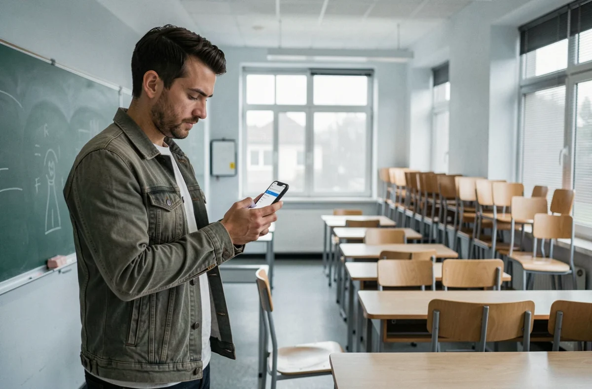 Nouveau professeur consultant le calendrier de paiement de son salaire sur smartphone dans une salle de classe vide