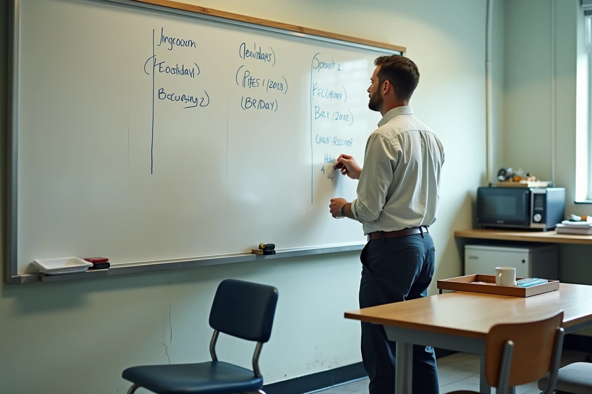 Professeur écrivant un planning de jours fériés 2026 sur un tableau blanc dans la salle des professeurs