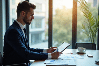 Professionnel élégant analysant des graphiques financiers sur une tablette