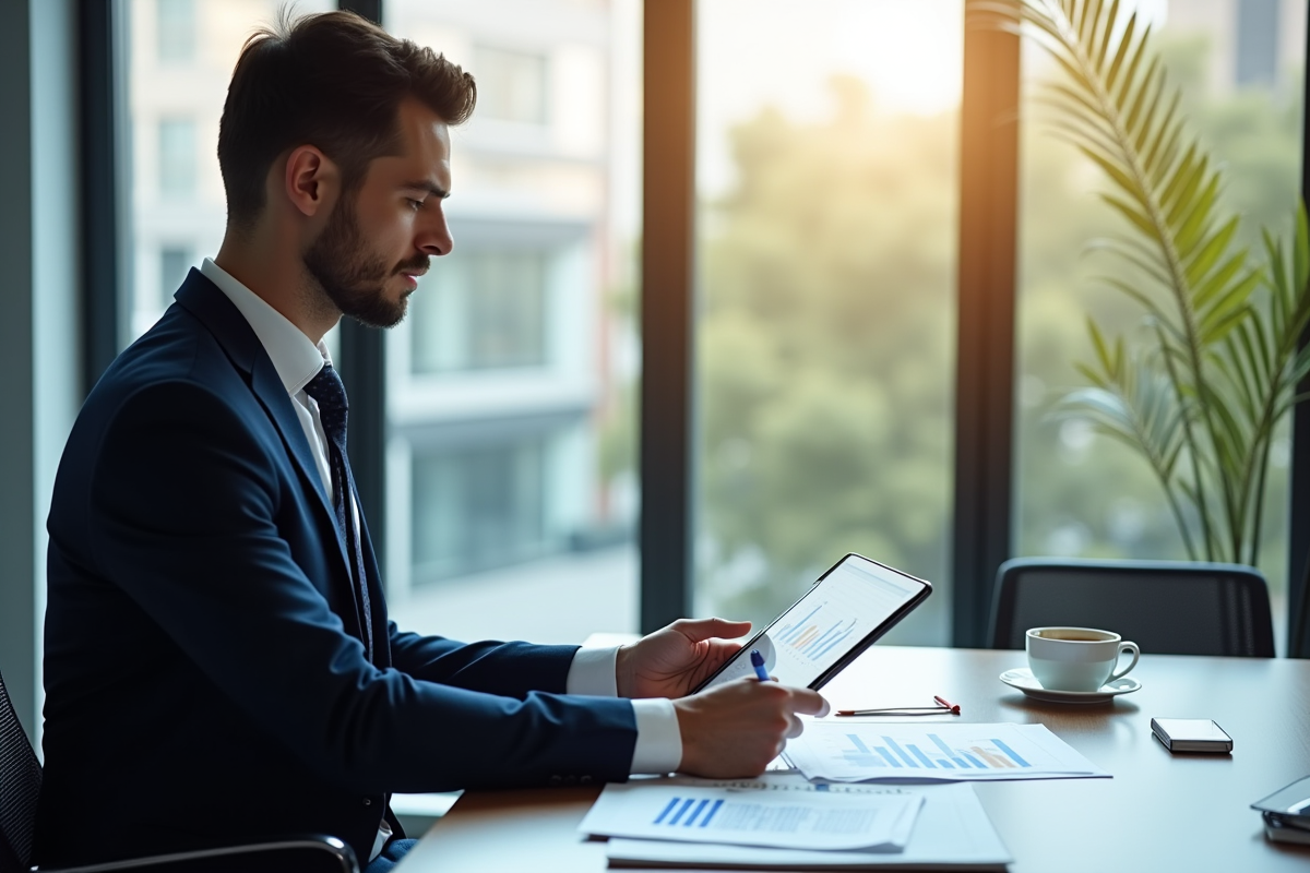 Professionnel élégant analysant des graphiques financiers sur une tablette