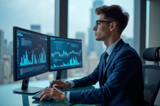 Jeune homme en costume bleu interactant avec des écrans blockchain