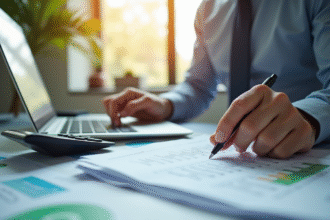 Professionnel financier examinant des documents dans un bureau moderne