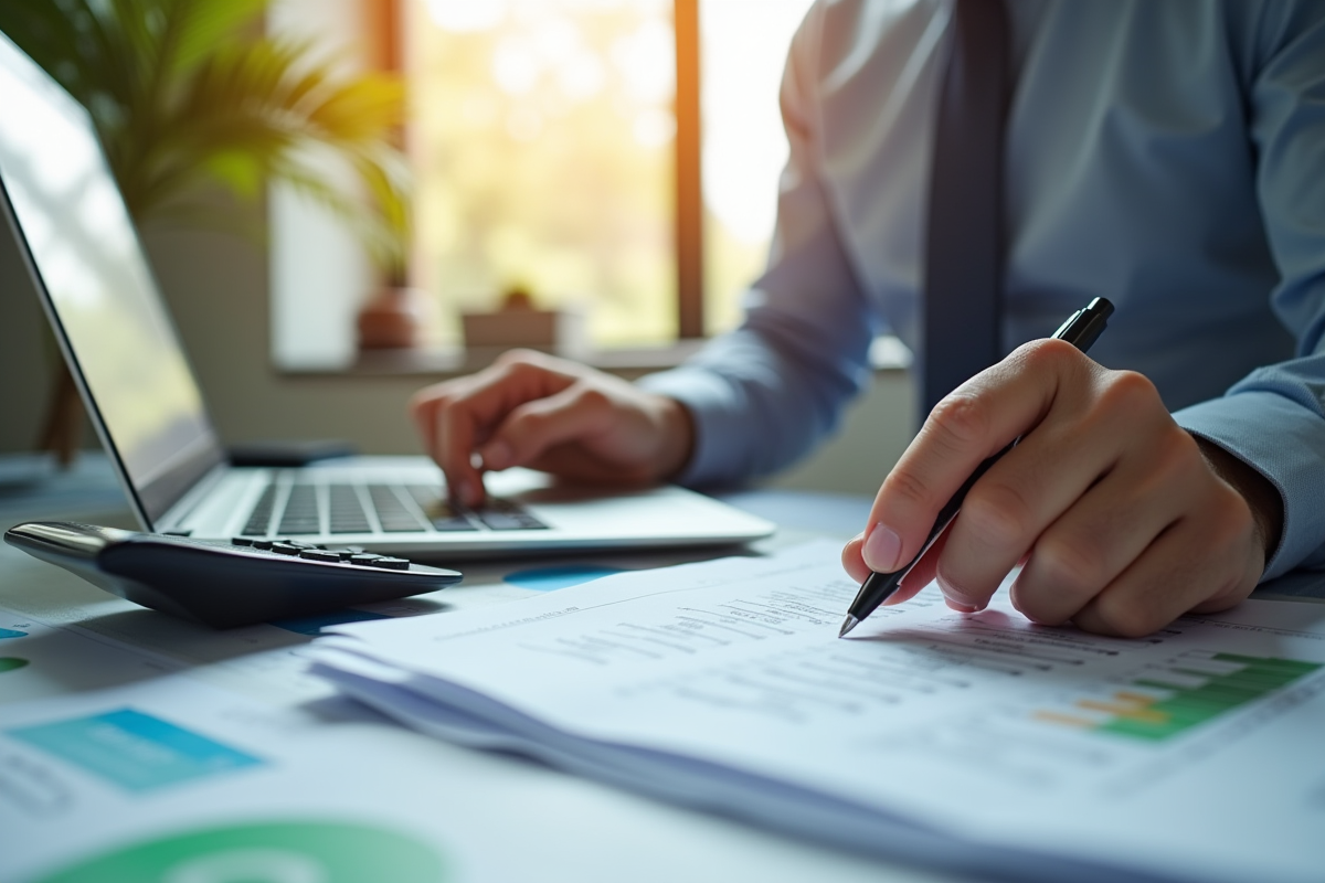 Professionnel financier examinant des documents dans un bureau moderne
