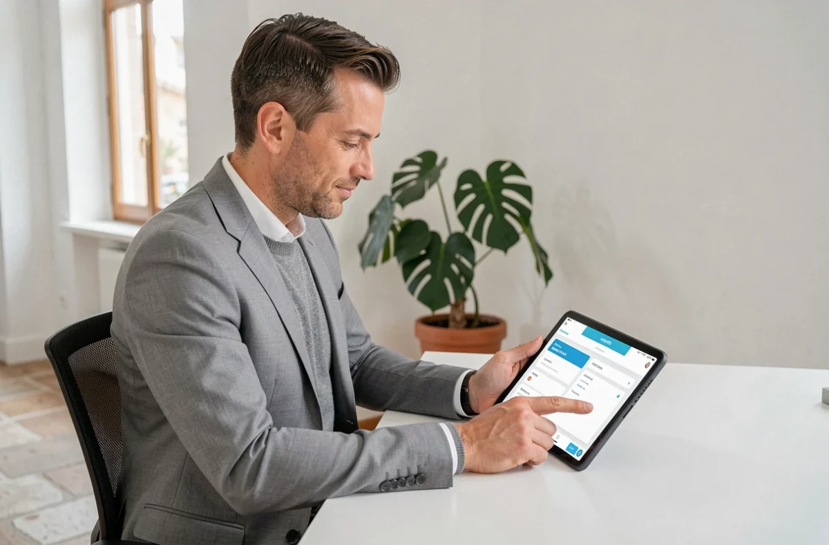 Conseiller Quelcrédit présentant une comparaison de crédits sur tablette dans un espace moderne de consultation
