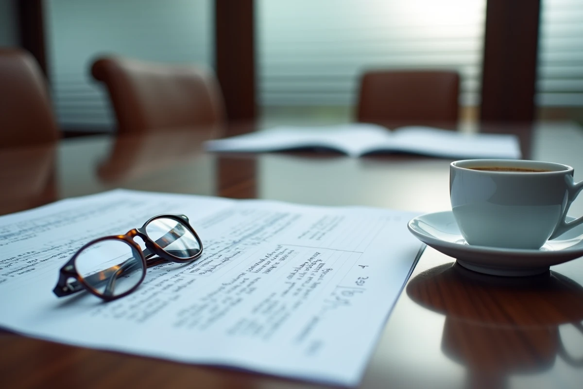 Rapport financier avec relevés de dividendes et notes manuscrites sur une table de salle de conférence en acajou