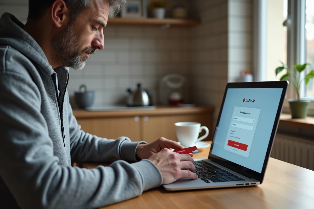 Homme rechargeant une carte prépayée La Poste en ligne depuis son ordinateur portable dans une cuisine