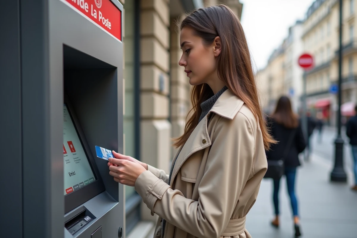 Jeune femme rechargeant sa carte prépayée La Poste sur un terminal automatique en extérieur dans une rue française