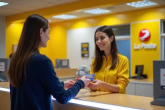 Femme rechargeant sa carte prépayée La Poste à un guichet de bureau de poste avec un agent en uniforme jaune