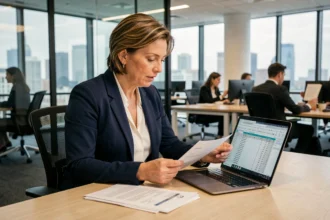 Responsable RH féminine analysant les documents de mutuelle entreprise dans un bureau moderne