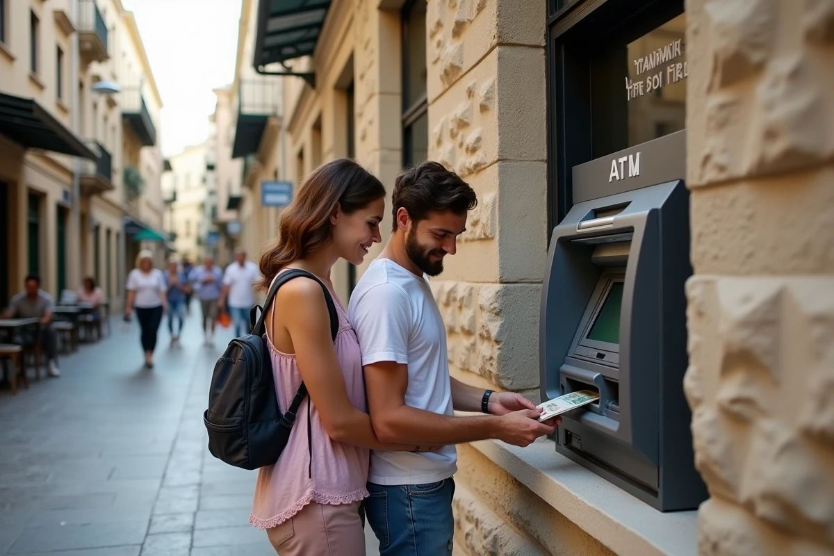 Couple retirant des euros à un distributeur automatique dans une rue pavée de Thessalonique en Grèce