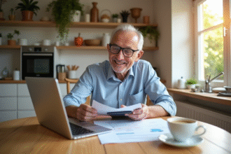 Retraite française souriante avec papiers et calculatrice