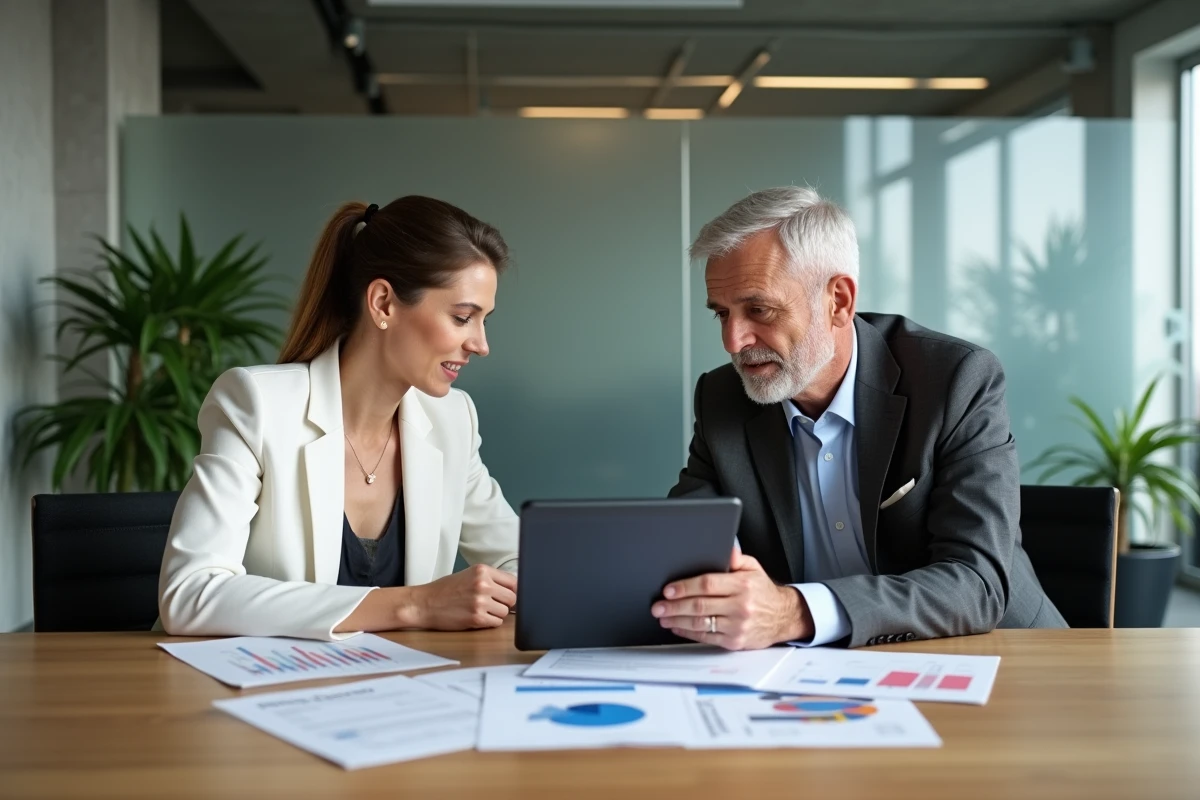 Deux dirigeants d'entreprise en réunion de travail collaboratif autour de rapports financiers et d'indicateurs de performance sur tablette