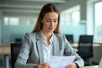 Femme cadre en entreprise consultant une fiche de paie et calculant son salaire net à son bureau