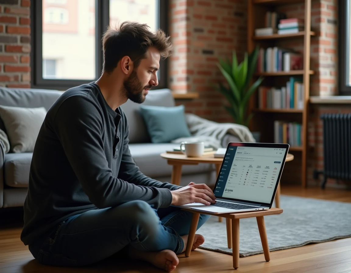 Freelance travaillant depuis chez lui sur son revenu net et ses charges sociales sur un tableau de bord de facturation