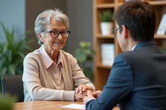 Femme âgée parlant avec un conseiller bancaire dans une agence