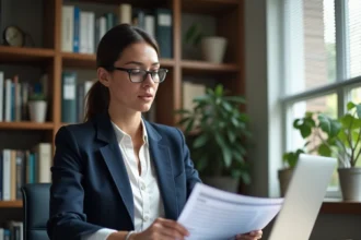 Professeure d'université consultant un simulateur de salaire académique sur son ordinateur portable avec des grilles indiciaires imprimées sur son bureau