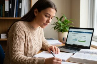 Étudiante effectuant une simulation de prêt étudiant sur ordinateur portable au bureau de son appartement