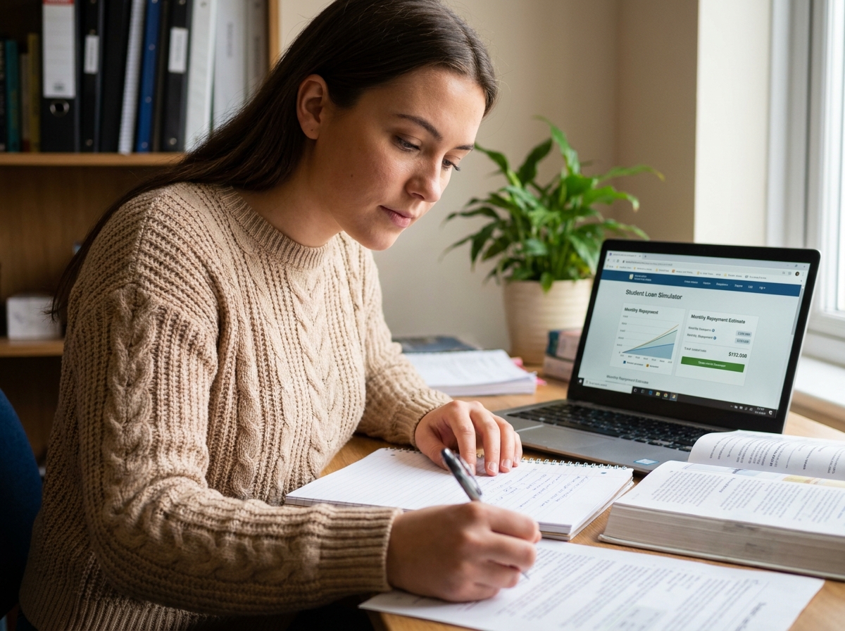 Étudiante effectuant une simulation de prêt étudiant sur ordinateur portable au bureau de son appartement