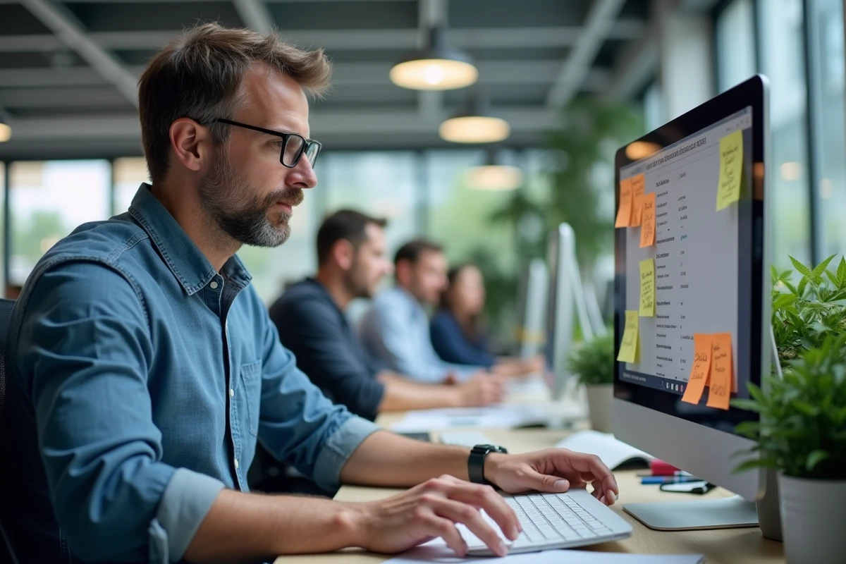 Homme vérifiant son éligibilité à la Prime d'activité sur le site de la CAF depuis son bureau en open space