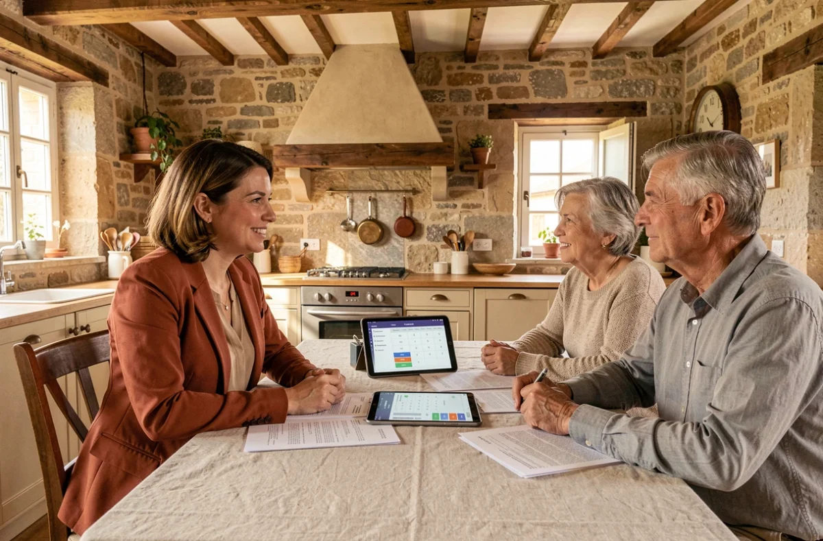 Conseillère Sol-Fin rencontrant des propriétaires pour un rachat de crédit dans une maison de campagne occitane