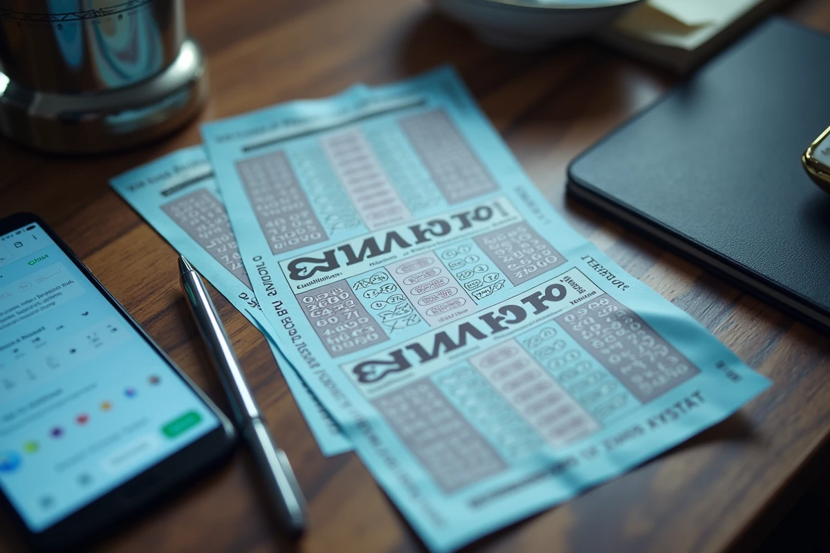 Tickets de loterie Euromillions et résultats sur smartphone posés sur un bureau en bois