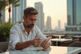 Touriste comptant des dirhams émiratis pour laisser un pourboire dans un café en plein air à Dubaï Marina