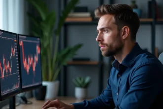 Trader analysant un pattern double bottom sur ses écrans de trading dans un bureau à domicile moderne