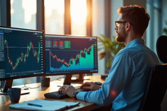 Trader professionnel analysant des graphiques financiers lumineux