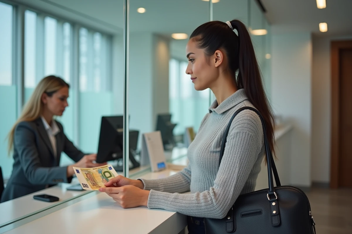 Jeune femme effectuant un transfert d'argent en euros vers l'Algérie dans une agence bancaire