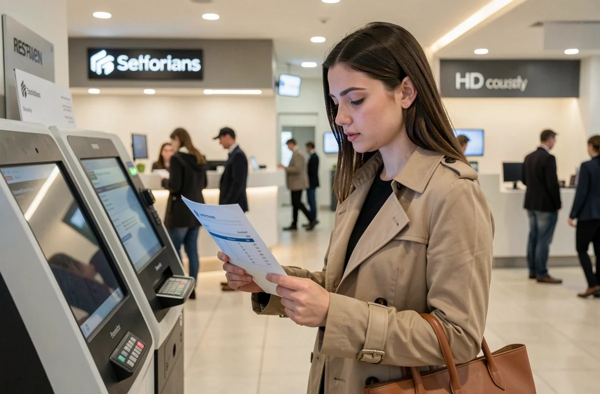 Une jeune femme consulte des documents relatifs au transfert de son compte vers la banque CIC dans une agence