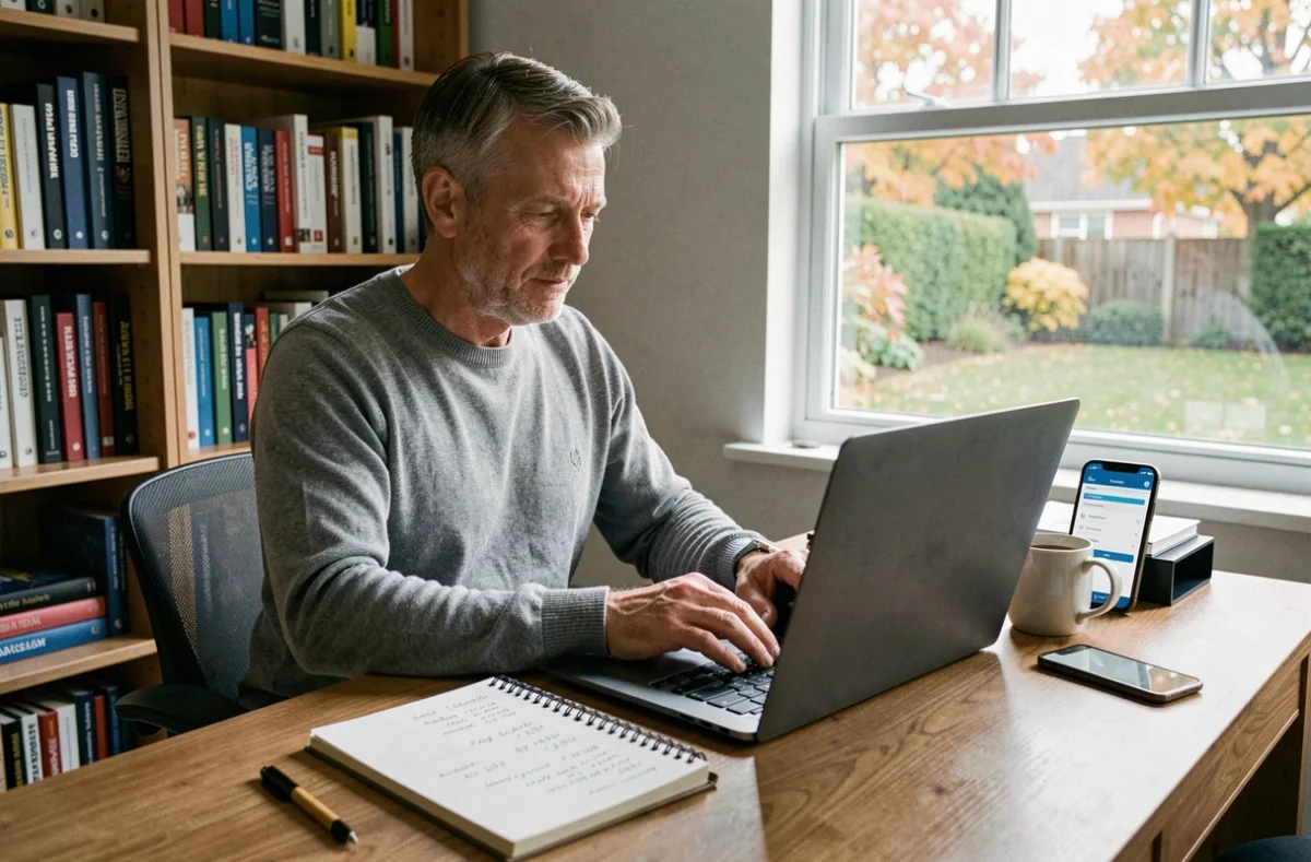 Homme en télétravail effectuant un transfert d'épargne en ligne depuis son bureau à domicile avec un ordinateur portable