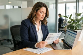 Femme professionnelle consultant des documents de transfert d'épargne salariale sur un bureau en bois dans un bureau moderne