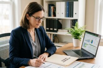 Travailleuse indépendante consultant des documents de retraite PER à son bureau à domicile